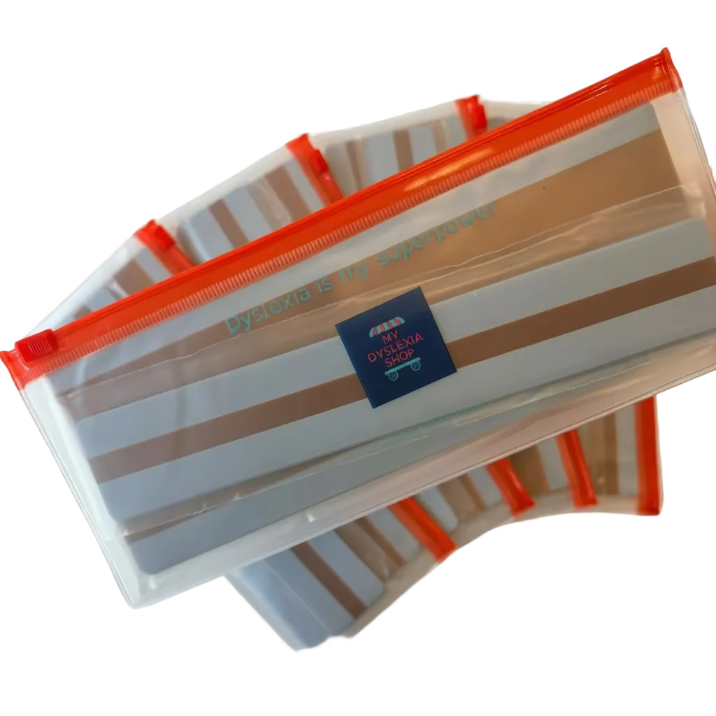 Clear pouch with orange zipper on a white background